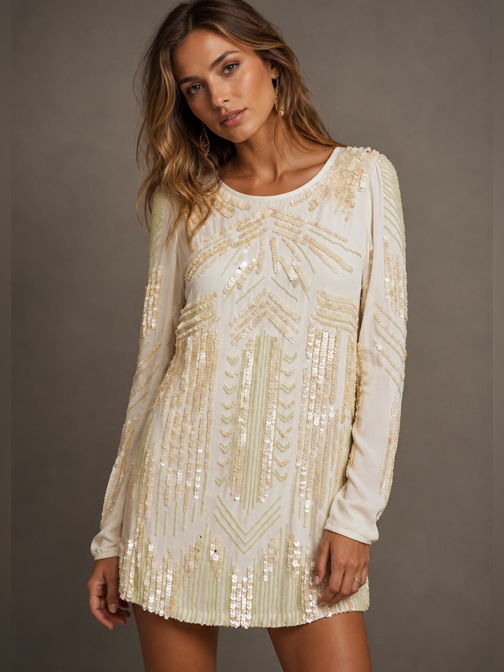 FREE PEOPLE LIMITED EDITION Ivory Art Deco Embellished Mini Dress Sequin Rare - Picture 1 of 17